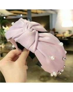 Artificial Pearl Embellished Bowknot Design Cloth Hair Hoop - Pink