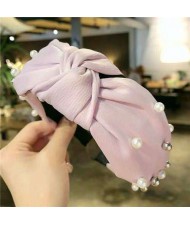 Artificial Pearl Embellished Bowknot Design Cloth Hair Hoop - Pink