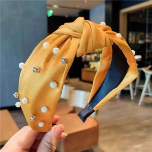 Artificial Pearl Embellished Bowknot Design Cloth Hair Hoop - Yellow