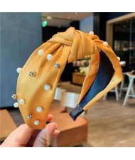 Artificial Pearl Embellished Bowknot Design Cloth Hair Hoop - Yellow