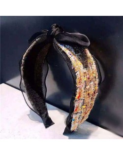 Korean Fashion Miscellaneous Floral Cloth Decorated Lace Bowknot Women Hair Hoop - Yellow
