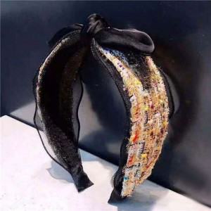 Korean Fashion Miscellaneous Floral Cloth Decorated Lace Bowknot Women Hair Hoop - Yellow