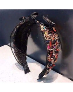 Korean Fashion Miscellaneous Floral Cloth Decorated Lace Bowknot Women Hair Hoop - Black