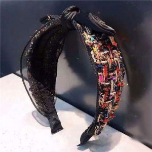 Korean Fashion Miscellaneous Floral Cloth Decorated Lace Bowknot Women Hair Hoop - Black