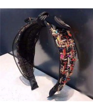 Korean Fashion Miscellaneous Floral Cloth Decorated Lace Bowknot Women Hair Hoop - Black