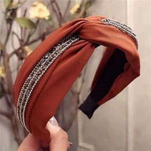 Rhinestone and Beads Embellished Knot Pattern Women Cloth Hair Hoop - Coffee