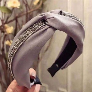 Rhinestone and Beads Embellished Knot Pattern Women Cloth Hair Hoop - Gray