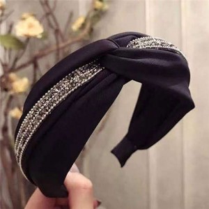Rhinestone and Beads Embellished Knot Pattern Women Cloth Hair Hoop - Black