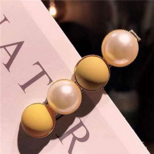 Resin Beads and Artificial Pearl Alloy Women Hair Barrette - Yellow