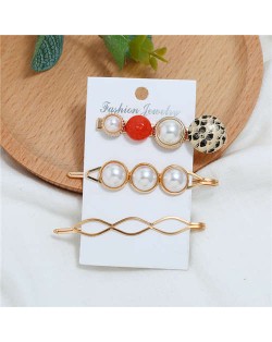 Artificial Pearl and Gems Combo Three Pieces Hair Barrette and Clips Set - Red