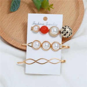 Artificial Pearl and Gems Combo Three Pieces Hair Barrette and Clips Set - Red