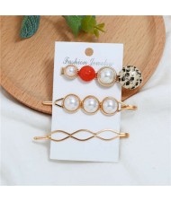 Artificial Pearl and Gems Combo Three Pieces Hair Barrette and Clips Set - Red