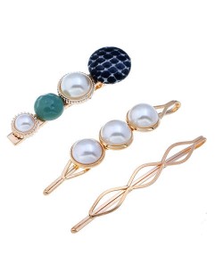 Artificial Pearl and Gems Combo Three Pieces Hair Barrette and Clips Set - Green