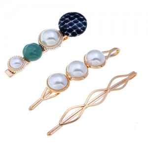 Artificial Pearl and Gems Combo Three Pieces Hair Barrette and Clips Set - Green