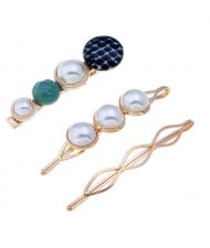 Artificial Pearl and Gems Combo Three Pieces Hair Barrette and Clips Set - Green
