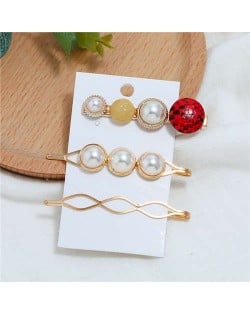 Artificial Pearl and Gems Combo Three Pieces Hair Barrette and Clips Set - Yellow