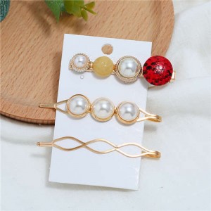 Artificial Pearl and Gems Combo Three Pieces Hair Barrette and Clips Set - Yellow