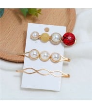 Artificial Pearl and Gems Combo Three Pieces Hair Barrette and Clips Set - Yellow