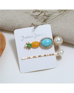 Rhinestone and Pearl Embellished Flower and Butterfly Design 3pcs Women Hair Barrette and Clips Set - White