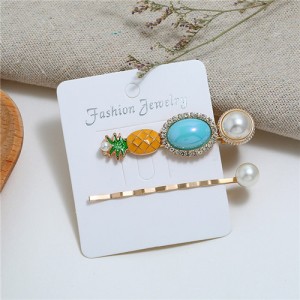 Rhinestone and Pearl Embellished pineapple 2pcs Women Hair  Clips Set