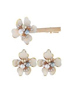 Sweet Vintage Style Flower Design Women Earrings and Hair Barrette Set - White
