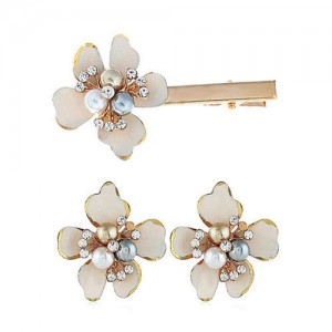 Sweet Vintage Style Flower Design Women Earrings and Hair Barrette Set - White