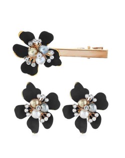 Sweet Vintage Style Flower Design Women Earrings and Hair Barrette Set - Black