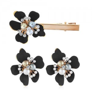 Sweet Vintage Style Flower Design Women Earrings and Hair Barrette Set - Black