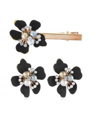 Sweet Vintage Style Flower Design Women Earrings and Hair Barrette Set - Black