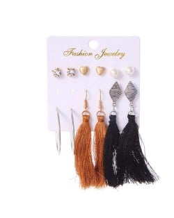 Brown and Black Cotton Threads Tassel and Hoops 6 pcs Bohemian Fashion Earrings Set