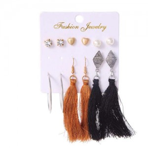 Brown and Black Cotton Threads Tassel and Hoops 6 pcs Bohemian Fashion Earrings Set
