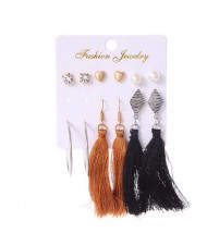 Brown and Black Cotton Threads Tassel and Hoops 6 pcs Bohemian Fashion Earrings Set
