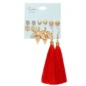Alloy Leaves and Red Cotton Threads Tassel 6 pcs Bohemian Fashion Earrings Set