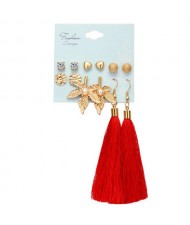 Alloy Leaves and Red Cotton Threads Tassel 6 pcs Bohemian Fashion Earrings Set