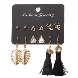 Alloy Palm Tree Leaves and Black Cotton Threads Tassel 6 pcs Bohemian Style Earrings Set