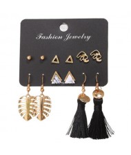 Alloy Palm Tree Leaves and Black Cotton Threads Tassel 6 pcs Bohemian Style Earrings Set