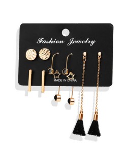 Alloy Rounds and Black Cotton Threads Chain Tassel 5 pcs High Fashion Earrings Set