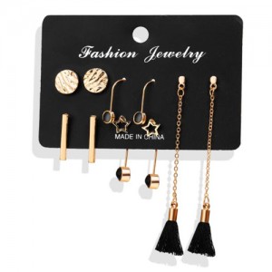 Alloy Rounds and Black Cotton Threads Chain Tassel 5 pcs High Fashion Earrings Set