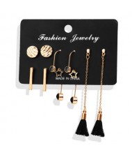 Alloy Rounds and Black Cotton Threads Chain Tassel 5 pcs High Fashion Earrings Set