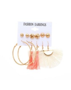 Pink and White Cotton Threads Chain Tassel and Hoops 6 pcs High Fashion Women Earrings Set