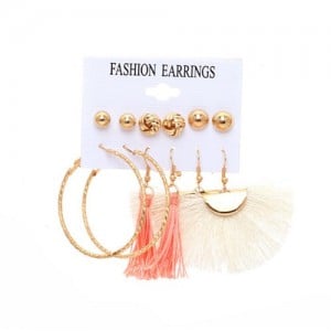 Pink and White Cotton Threads Chain Tassel and Hoops 6 pcs High Fashion Women Earrings Set