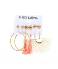 Pink and White Cotton Threads Chain Tassel and Hoops 6 pcs High Fashion Women Earrings Set