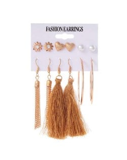 Brown Cotton Threads Chain Tassel and Hoops 6 pcs High Fashion Women Earrings Set