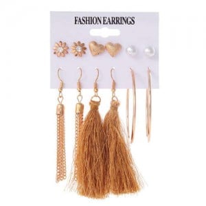 Brown Cotton Threads Chain Tassel and Hoops 6 pcs High Fashion Women Earrings Set