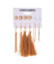 Brown Cotton Threads Chain Tassel and Hoops 6 pcs High Fashion Women Earrings Set