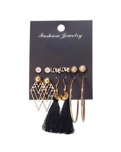 Hollow Rhombus and Black Cotton Threads Tassel and Hoops 6 pcs Love Fashion Women Earrings Set