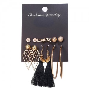 Hollow Rhombus and Black Cotton Threads Tassel and Hoops 6 pcs Love Fashion Women Earrings Set