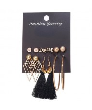 Hollow Rhombus and Black Cotton Threads Tassel and Hoops 6 pcs Love Fashion Women Earrings Set