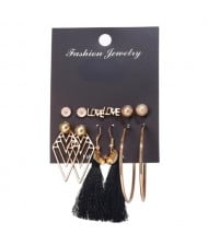 Hollow Rhombus and Black Cotton Threads Tassel and Hoops 6 pcs Love Fashion Women Earrings Set