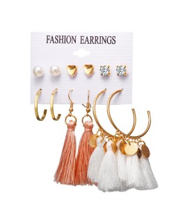 Graceful Pink and White Cotton Threads Tassel and Hoops 6 pcs Women Costume Earrings Set